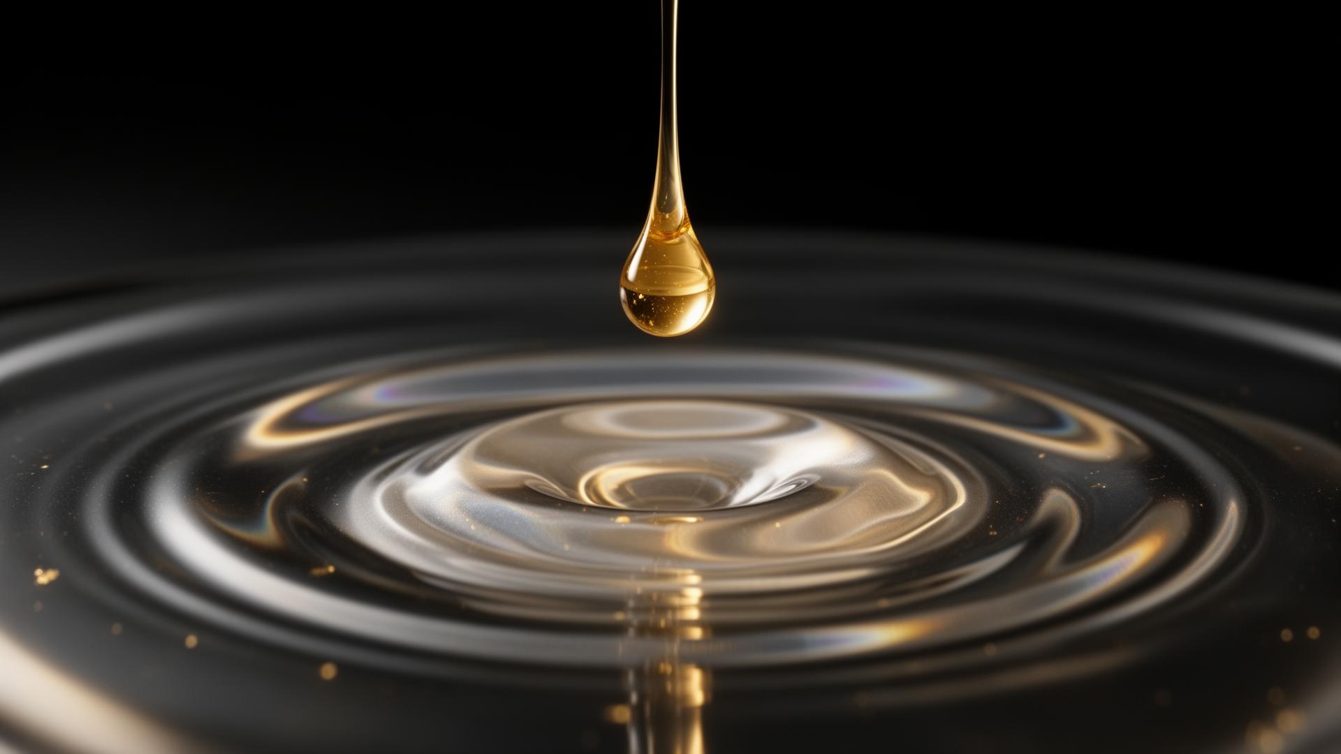 Goccia di siero dorato — texture liquida cinematografica VRF Beautylab