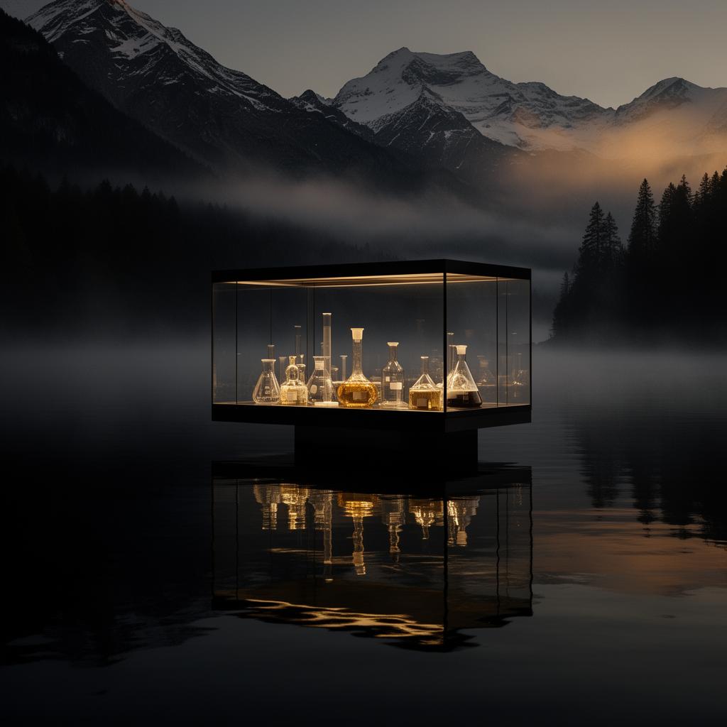 Laboratorio EXOCELL — pavilion in vetro sospeso su un lago alpino svizzero avvolto dalla nebbia